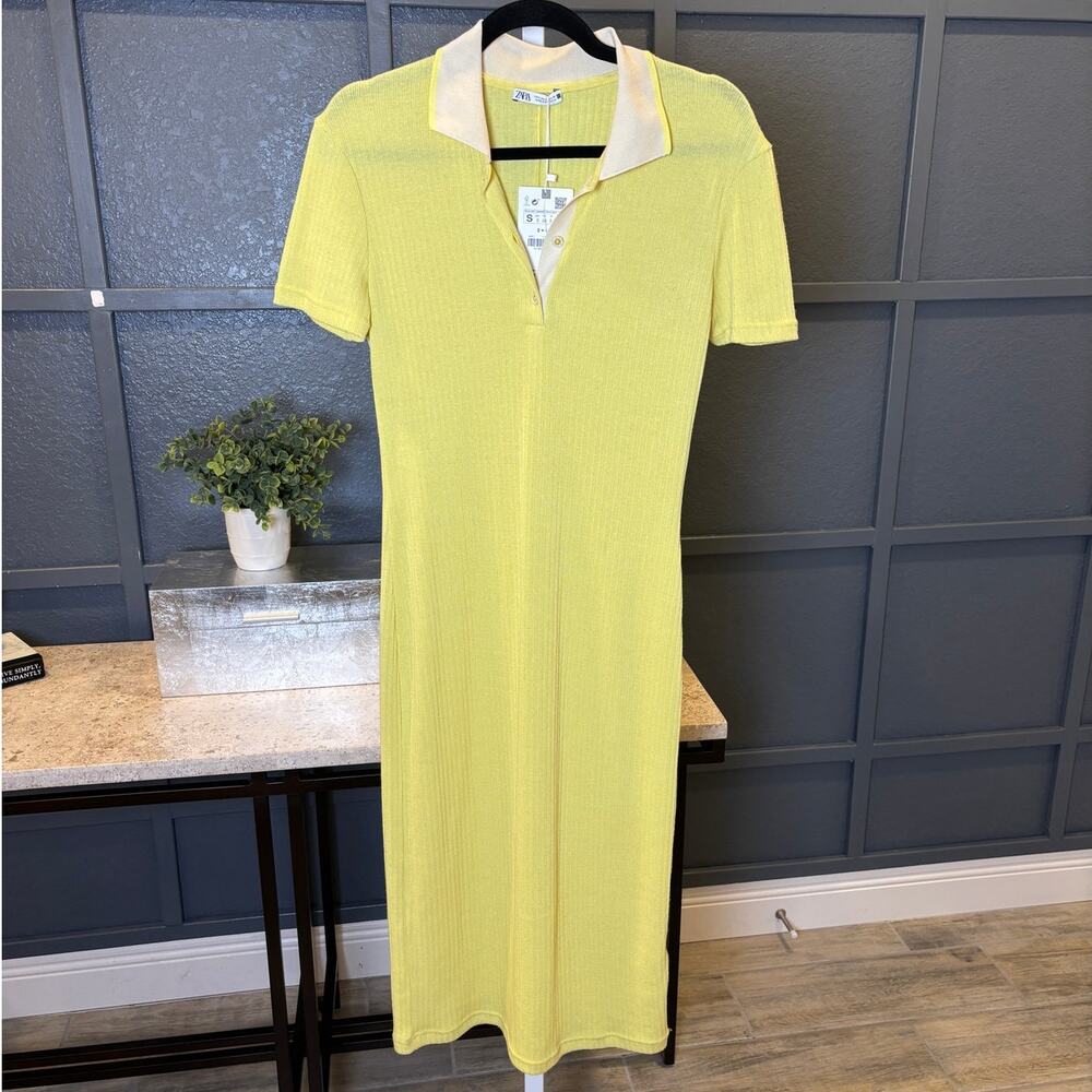 Zara Womens Small Knit Yellow Sporty Stretch Collared Retro Midi Dress NWT